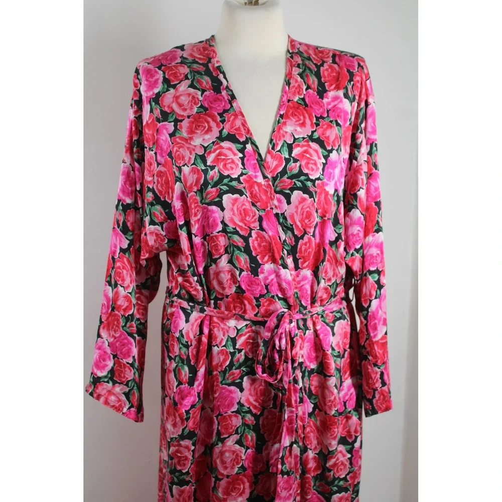Vtg Victoria's Secret S Pink Floral Silk Maxi Robe Long Sleeve Belt Wrap Pocket